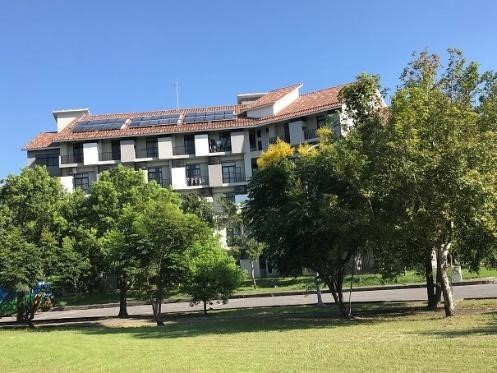 Solar thermal systems on the roof of building A, B, and C of the Second Student Dormitory on Zhiben campus that provide warm bath water year round. (Taitung University)