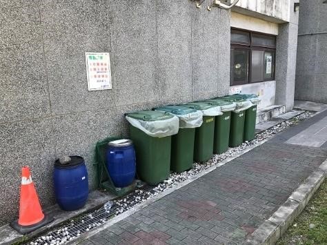 Recycling bins (solid waste in green and food waste in blue) (left and middle) and collection site (right) at Campuses. (Taitung University)